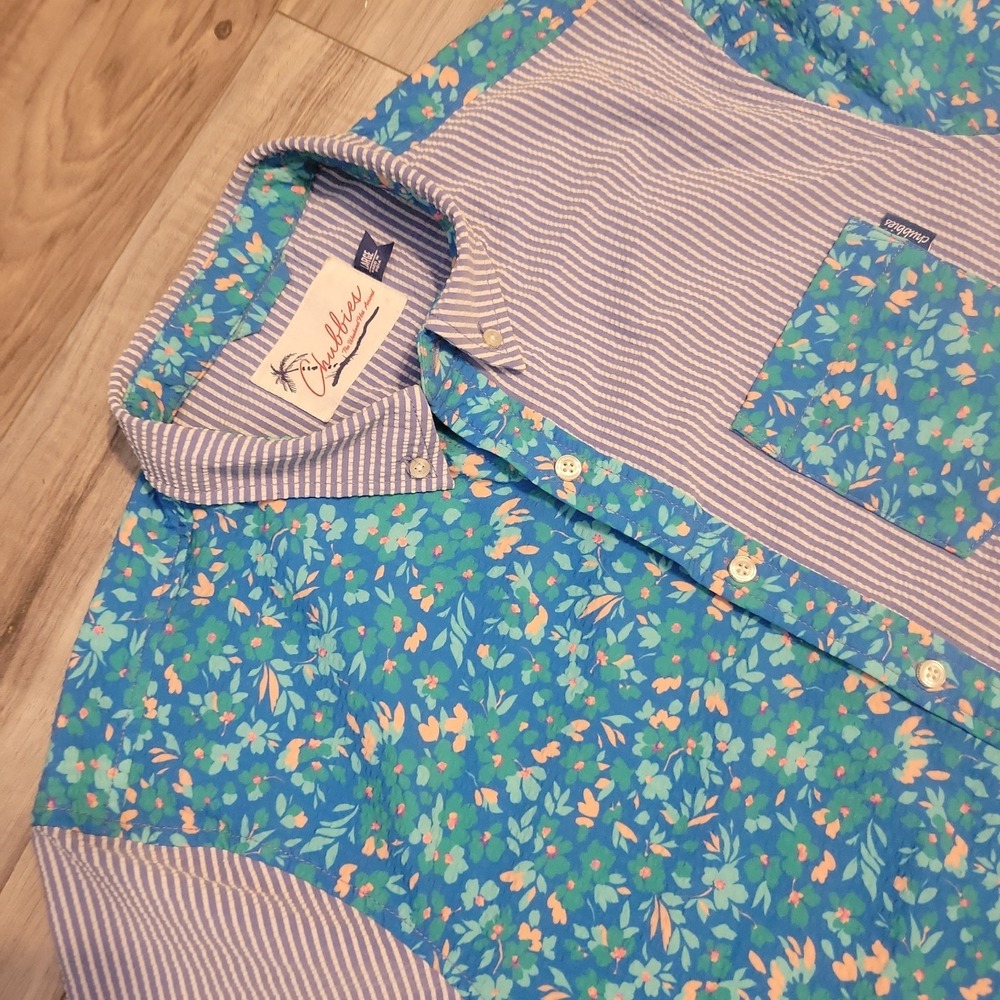 Chubbie's Shirt Mens Large Floral Seersucker Short Sleeve  two tone Stretch